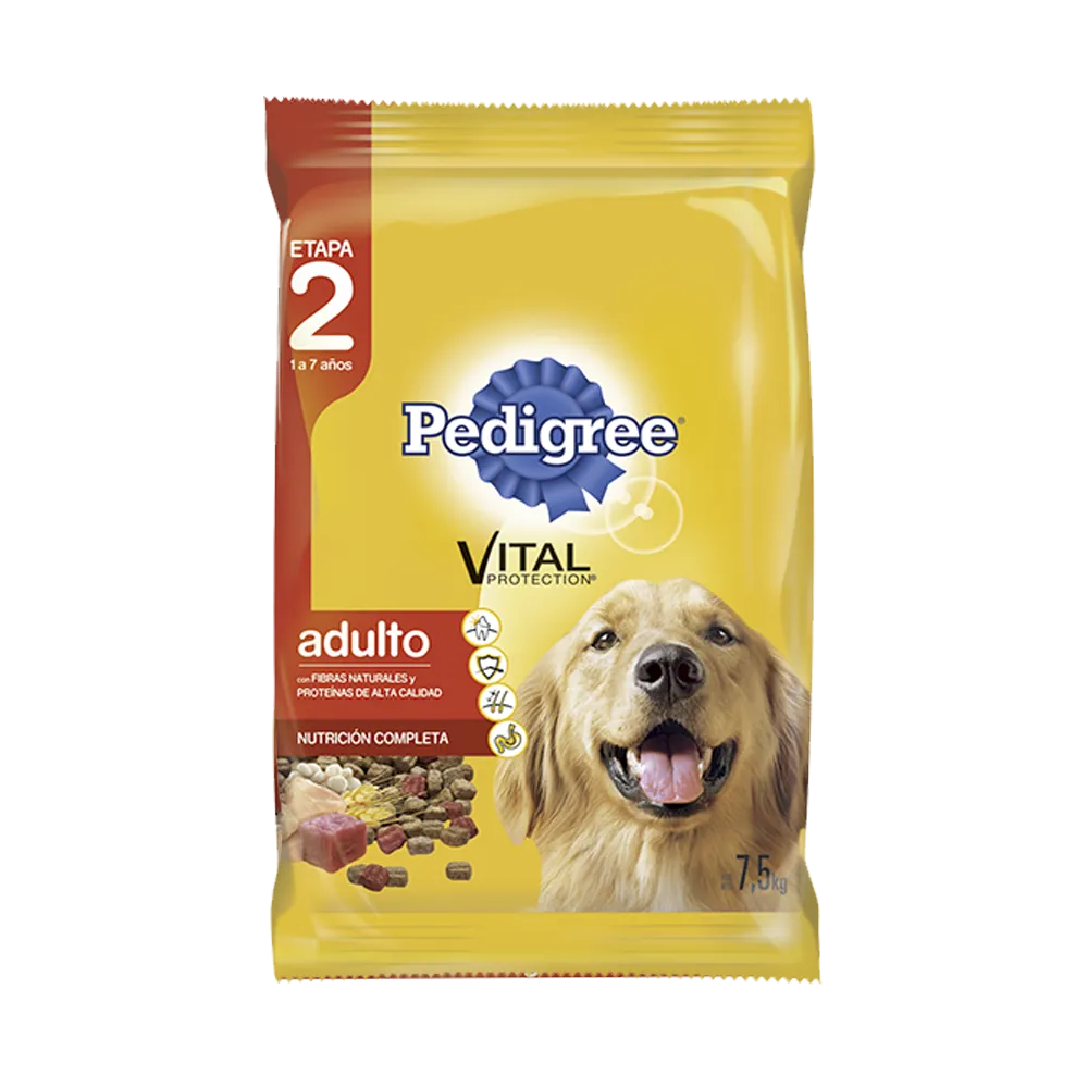 Bolsa de alimento Pedigree para perros Adultos en su presentación de 7,5kg. Es de color amarillo con detalles rojos y tiene una imagen de un labrador