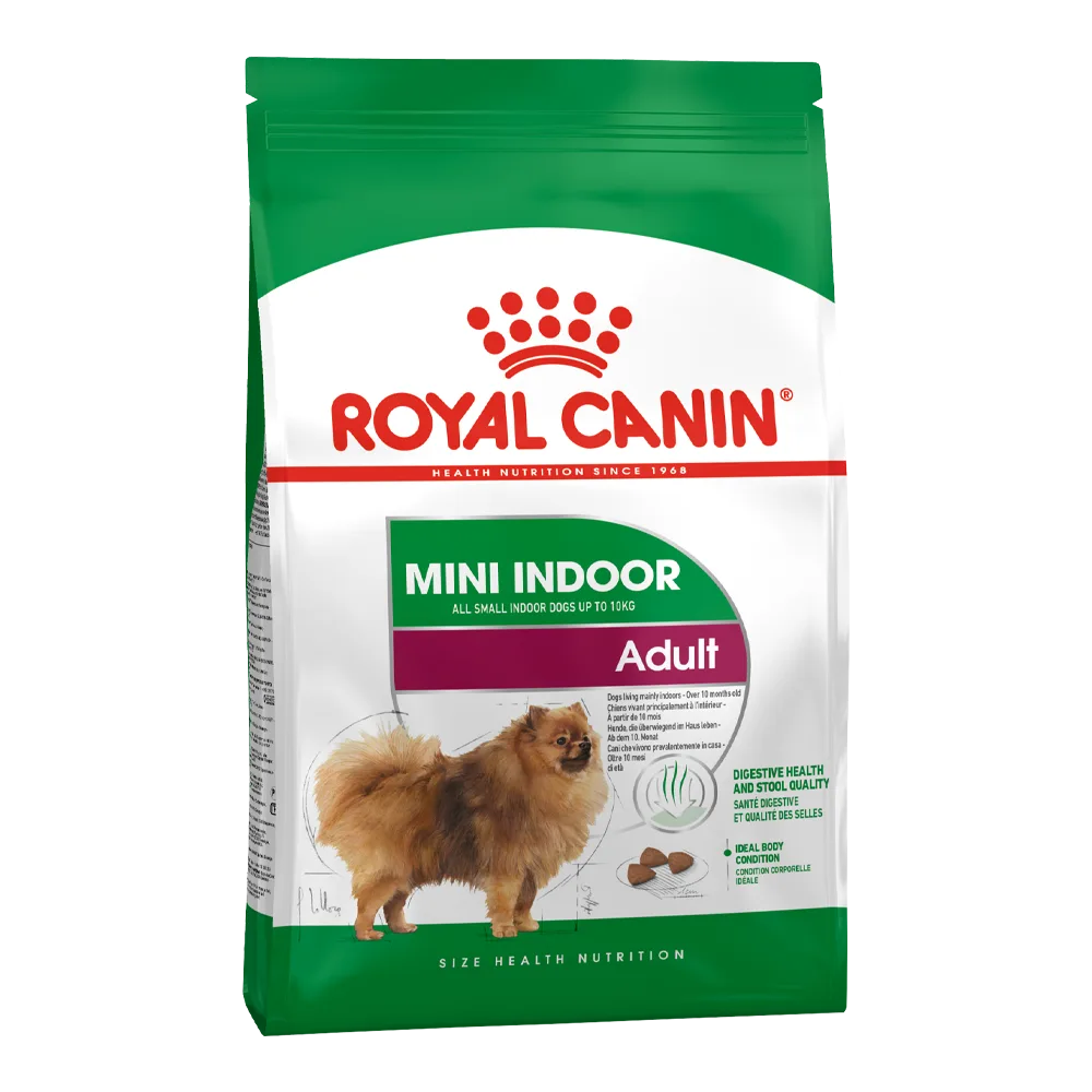 Bolsa verde con blanco de Royal Canin Indoor Mini Adult, un alimento seco para perros pequeños de interiores, el empaque tiene un perro pomeranian color marrón