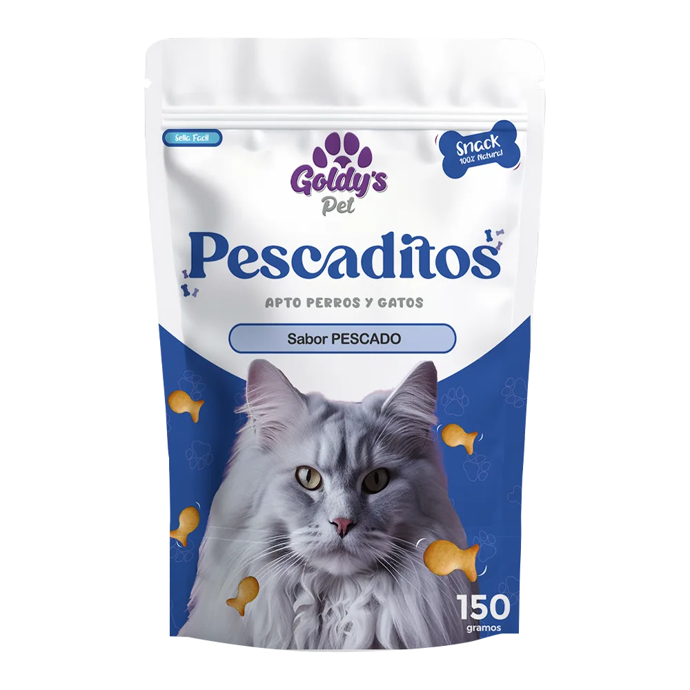 Empaque blanco con detalles azules y un gato gris en la portada, son los snacks Pescaditos de Goldy's Pet para gatos.