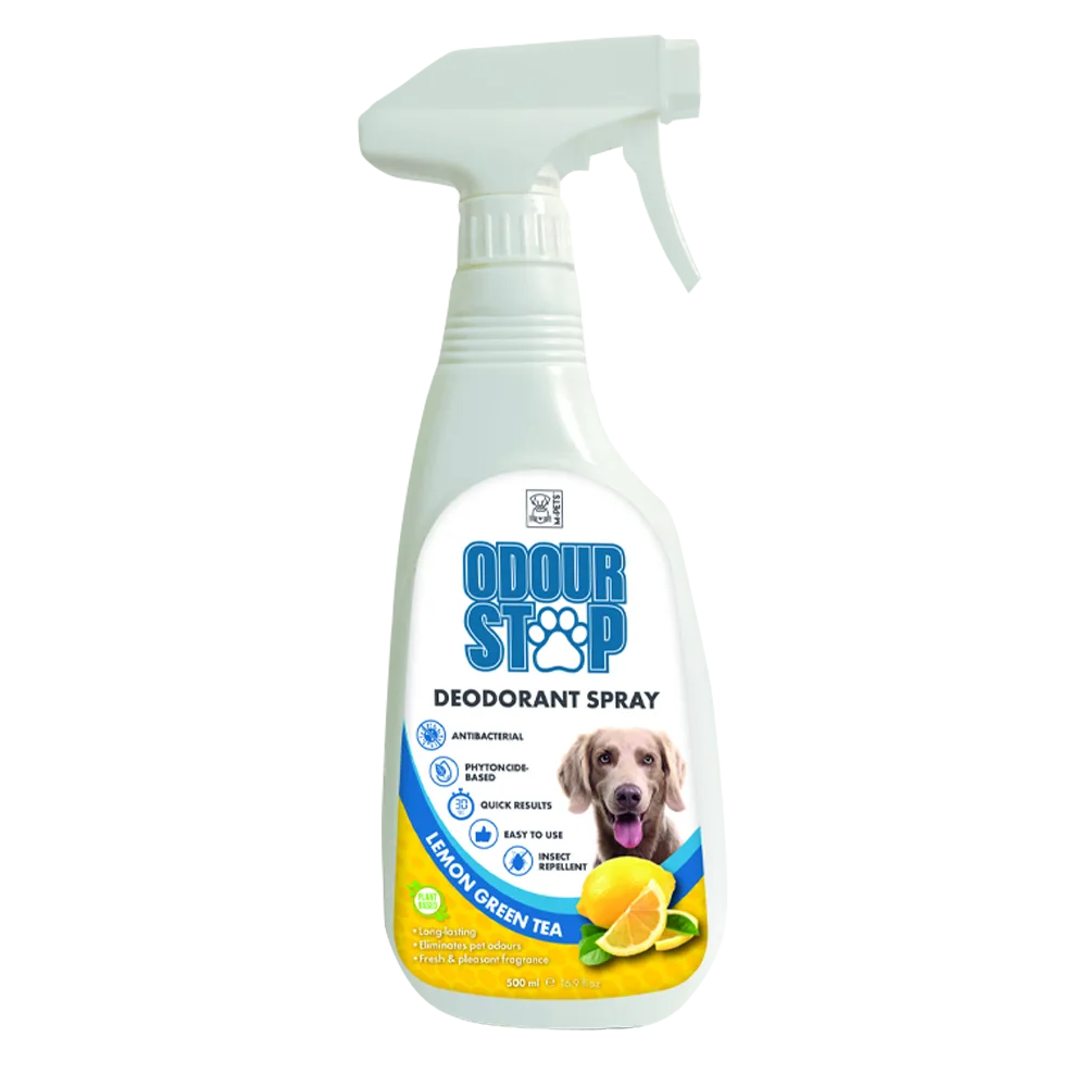 Frasco blanco con detalles amarillos y pico pulverizador de Odour Stop de M-Pets aroma a limón con té verde, es un desodorizador de ambientes.