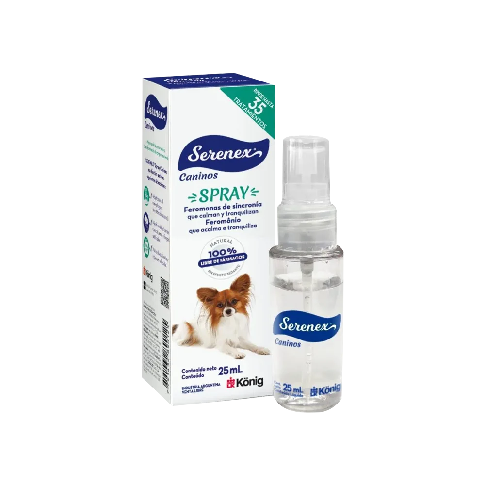 Frasco transparente pulverizador a lado de caja de cartón, ambos con detalles blancos y azules. Es el producto Serenex Perros Spray, feromonas para perros en su presentación pequeña de 25 mL