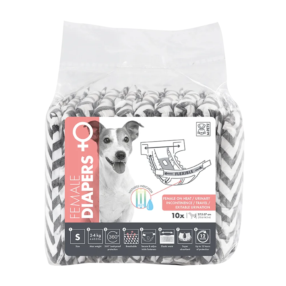 Empaque transparente de Pañal Para Hembra de la marca M-Pets en talla S con una etiqueta color blanca con rosa y detalles grises