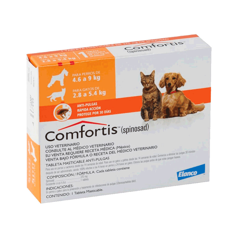 Caja blanca con detalles naranjas y rojos de Comfortis Perros de 4,6 a 9 Kg y Gatos de 2,8 a 5,4 Kg antipulgas