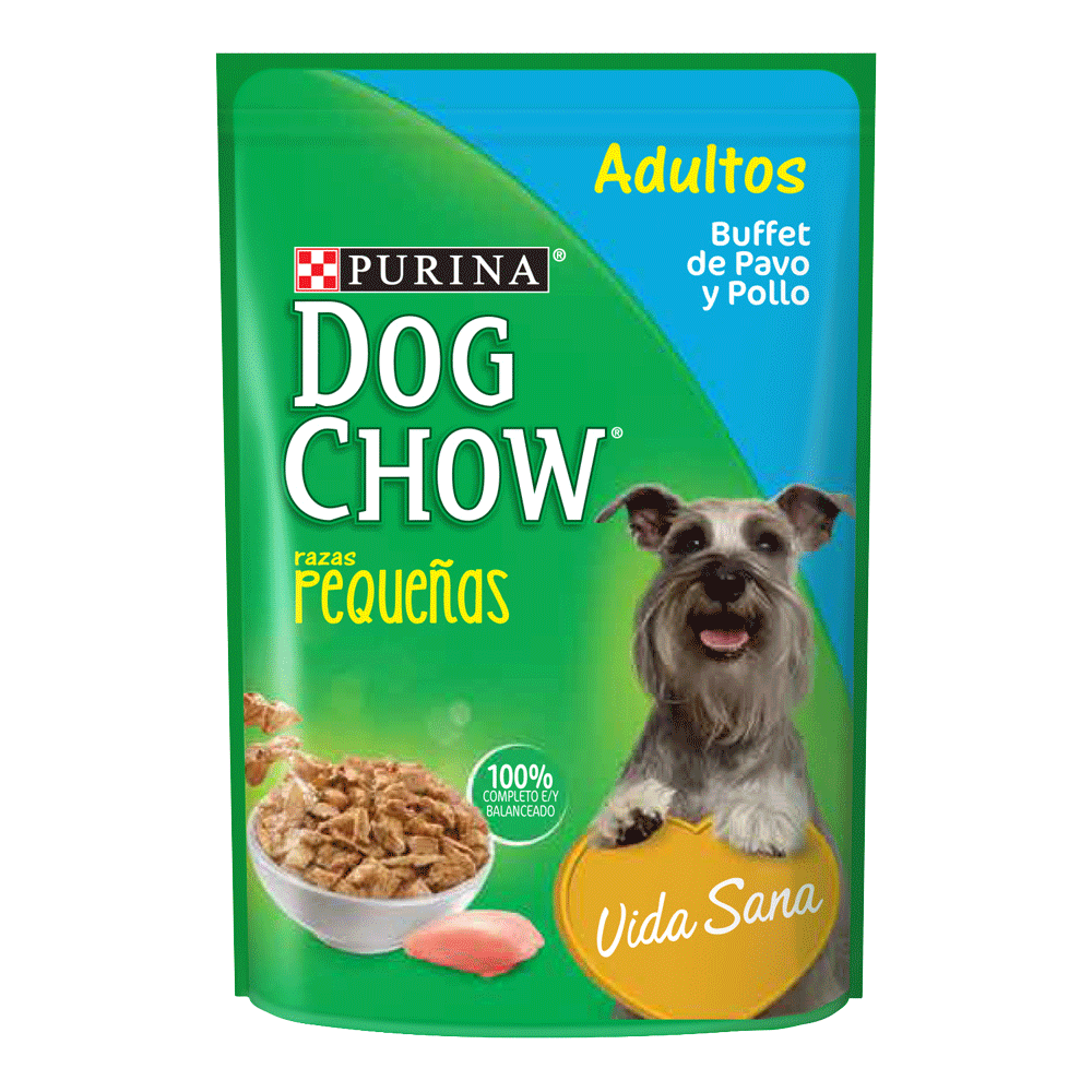 Empaque verde con detalles celestes y amarillos de Dog Chow Adultos Pavo y Pollo Razas Pequeñas alimento húmedo para perros