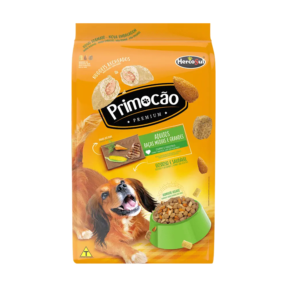 Bolsa de alimento balanceado Primocao Adulto Razas Medianas y Grandes sabor carne y vegetales. Es de color amarillo y tiene la imagen de un perro a punto de comer de un plato verde.