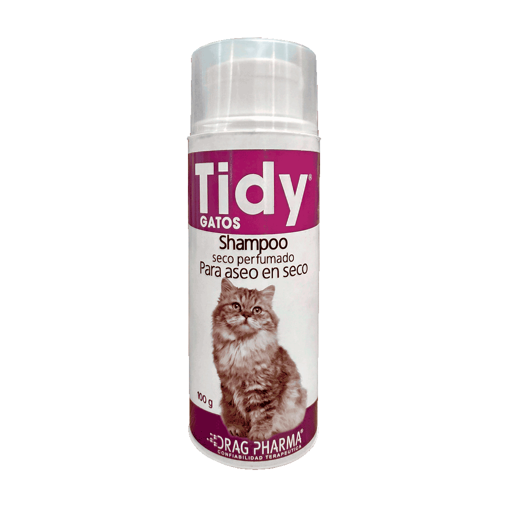 Envase cilíndrico blanco de talco en shampoo seco de Tidy Gato Shampoo Seco con detalles rosados.