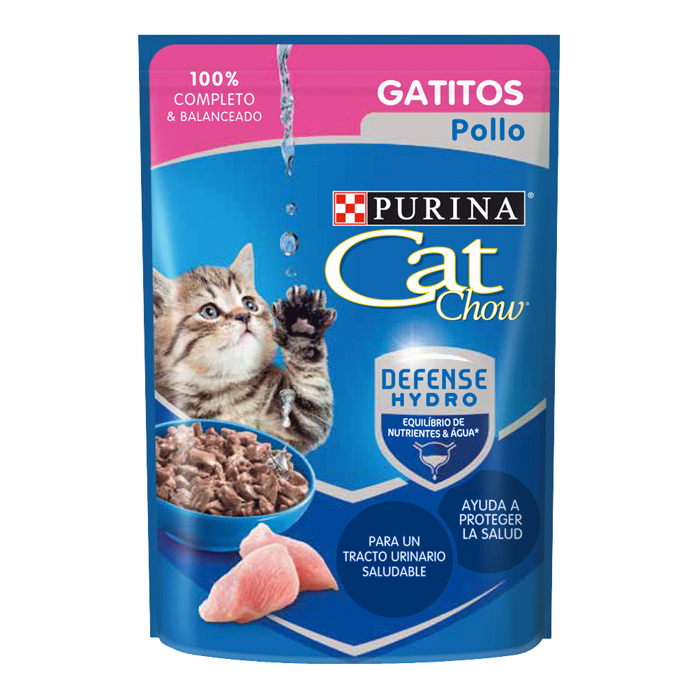 Empaque azul con detalles rosados de Cat Chow Gatitos Pollo Húmedo alimento húmedo para gatitos cachorros