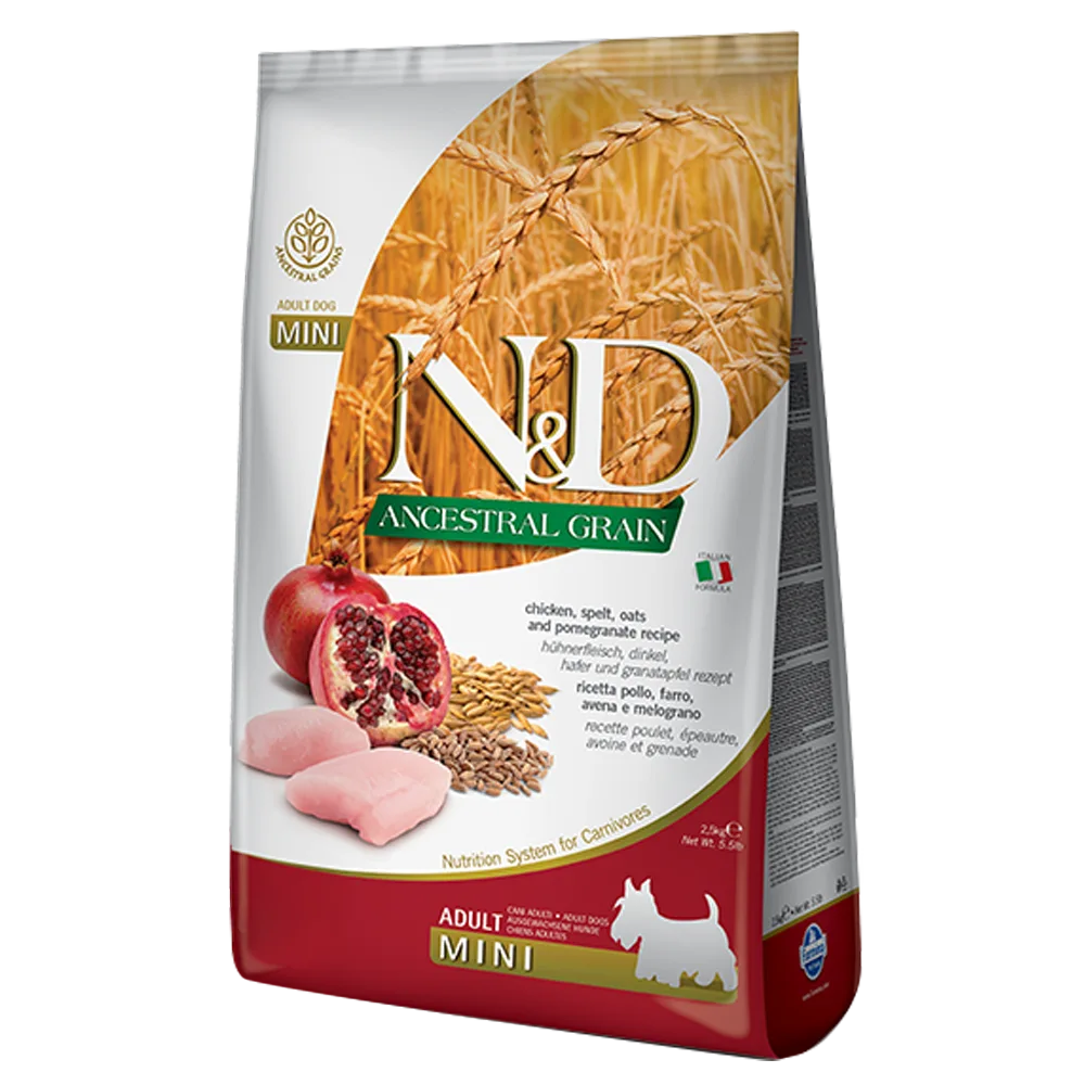 Bolsa blanca con rojo de Farmina N&D Ancestral Grain Pollo Granada Adult Mini