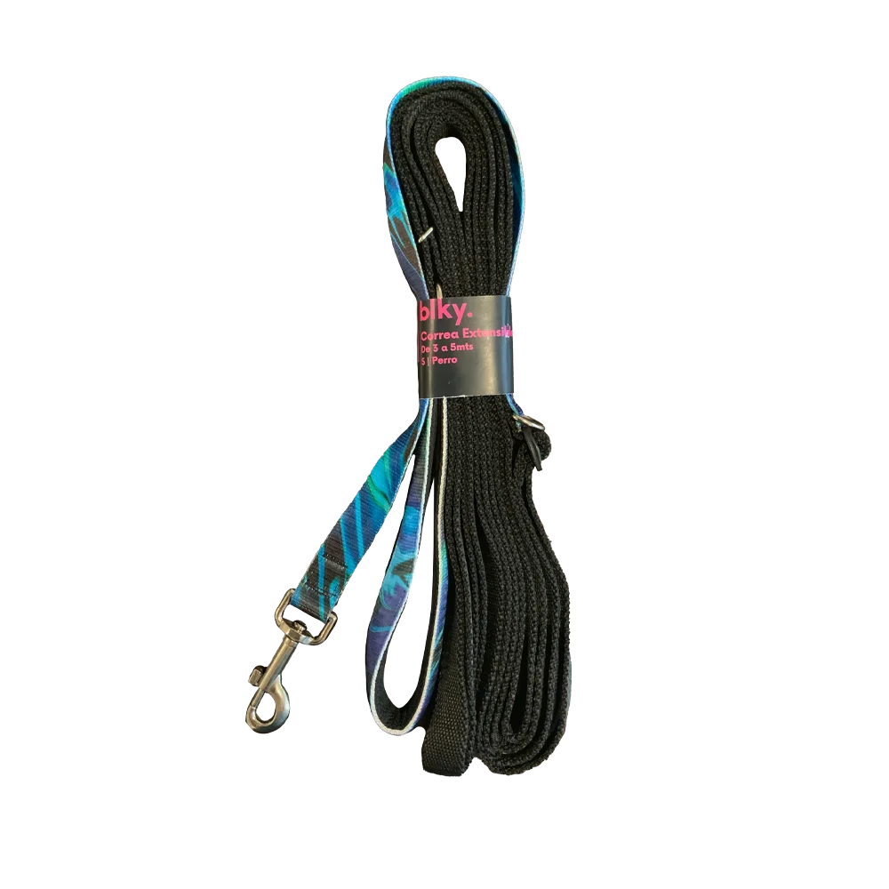 Correa Extensible talla XS con estampado agua marina en colores azules llamado Ramé con una correa color negro que se extiende desde los 3 m hasta los 5 m de largo.  