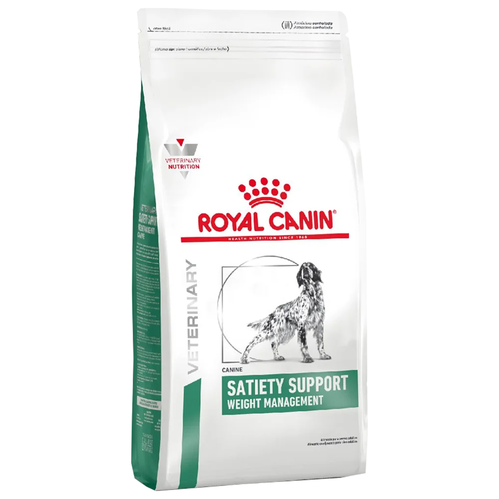 Bolsa blanca con detalles verde claro y rojos de alimento para perros Royal Canin Satiety Support