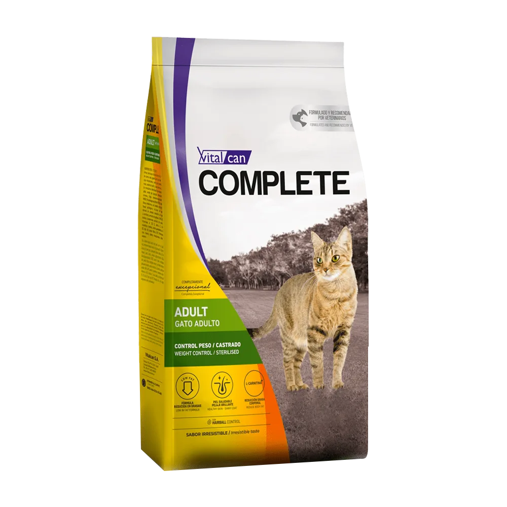 Bolsa blanca con detalles amarillos y verdes del alimento Complete Gato Control de Peso y Castrado