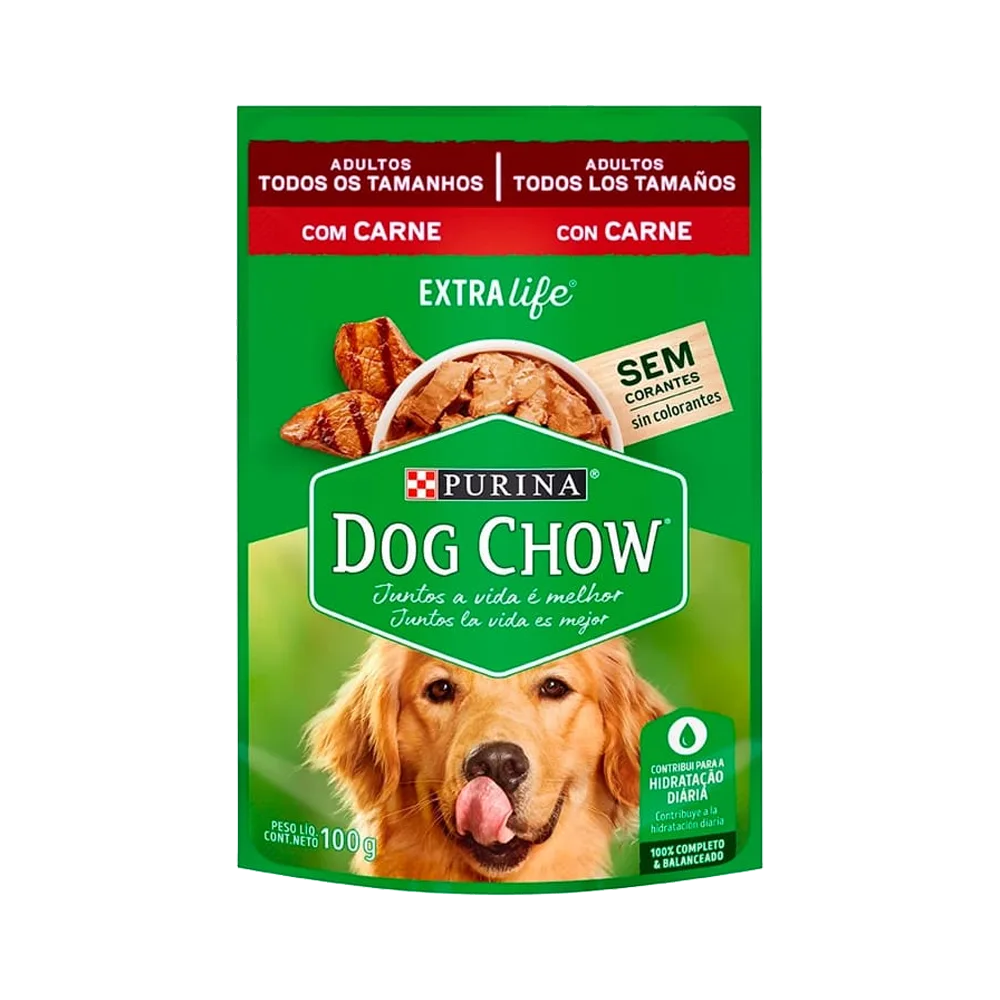 Empaque verde con detalles marrones de Dog Chow Cena de Carne Trozos Jugosos alimento húmedo para perros adultos
