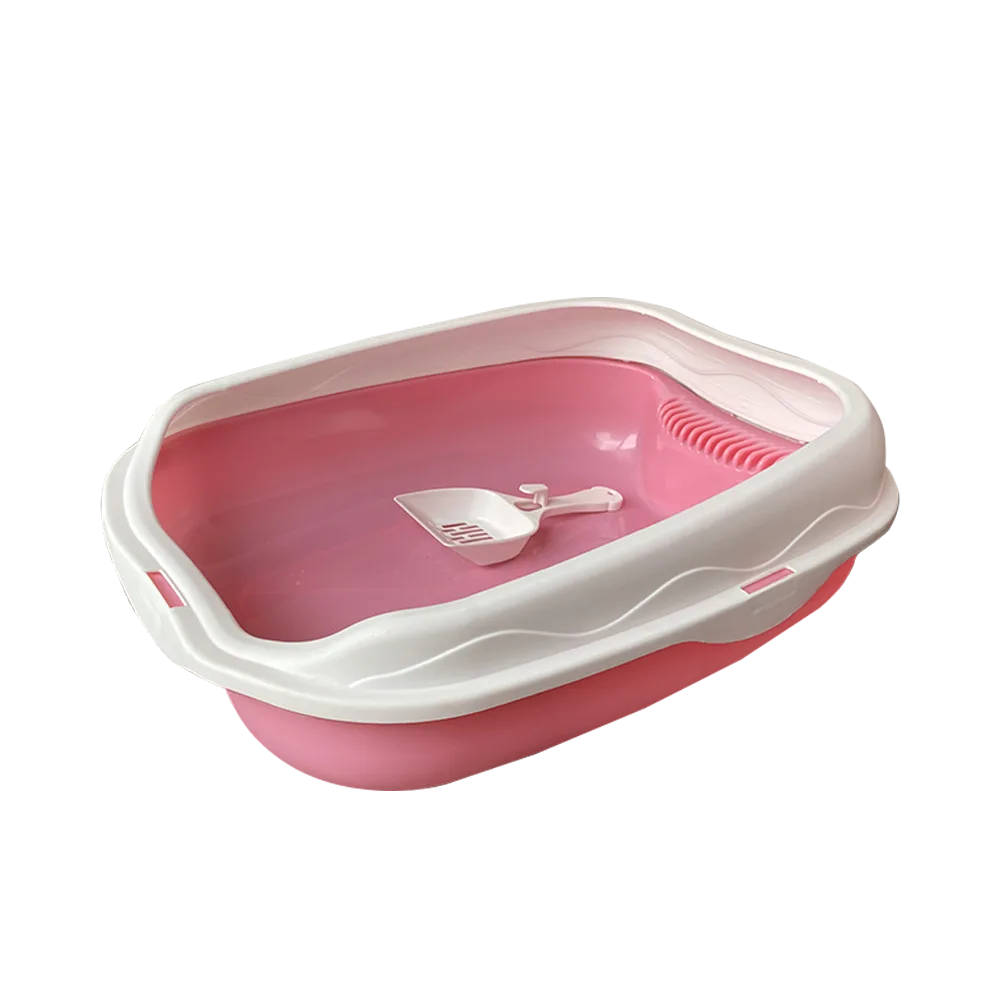 Bandeja Sanitaria para gato talla M, es de color rosa y tiene un borde elevado en todo el perímetro, es de color blanco. Tiene una pala color blanca en el interior de la bandeja.