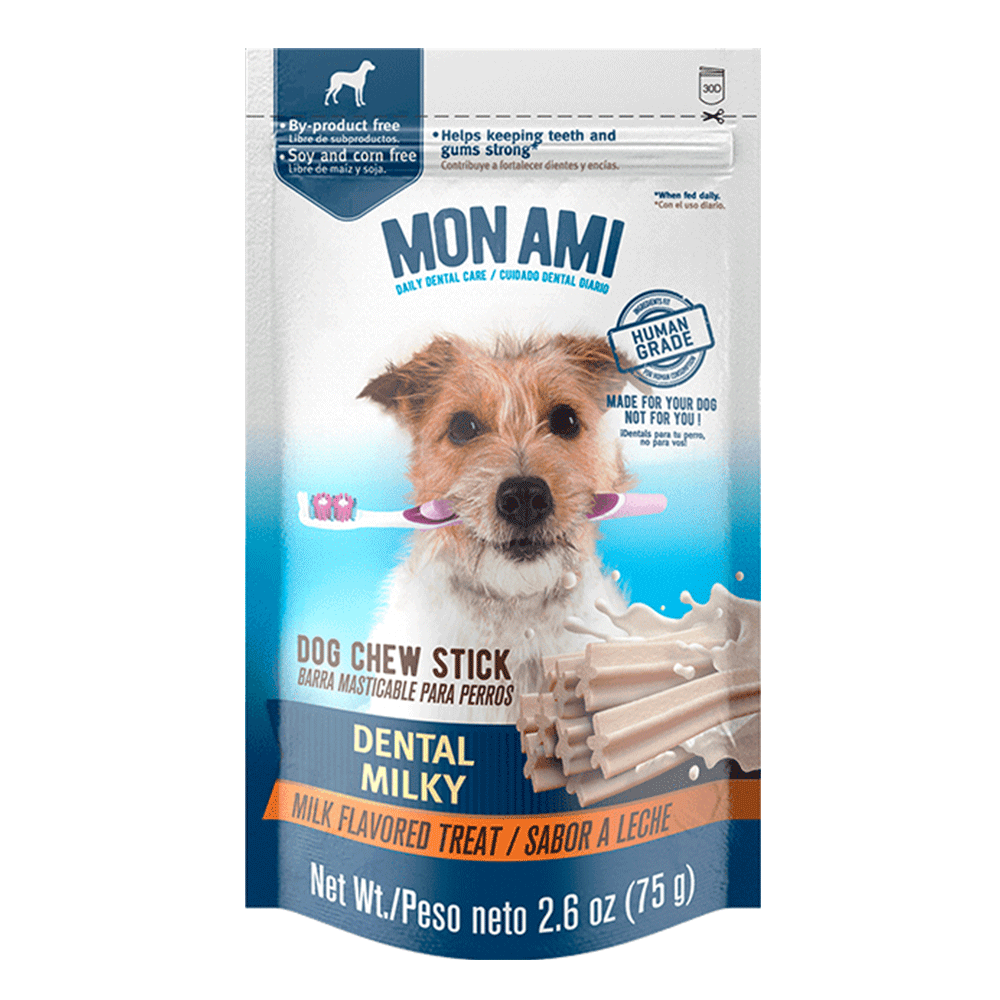 Bolsa blanca con detalles celestes de Mon Ami Dental Milky barras masticables para el cuidado de dental de perros