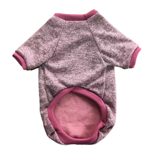 Suéter para perro de tela jaspeada en tonos grises con ribetes rosas en el cuello y en la base de las mangas, diseño cómodo y calentito.