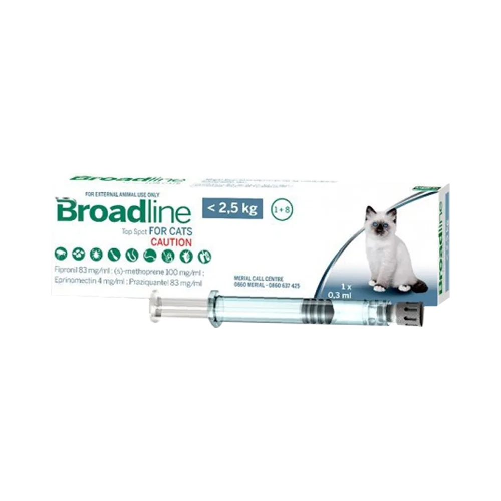 Caja blanca con detalles celestes y verdes de antiparasitario externo Broadline Cat Small para gatitos hasta los 2.5 kg de peso 