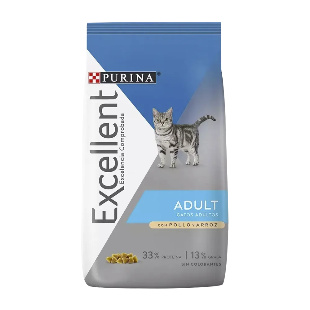 Bolsa blanca con detalles grises, azules y celestes de Excellent Gato Adulto. Alimento seco para gatos en etapa adulta