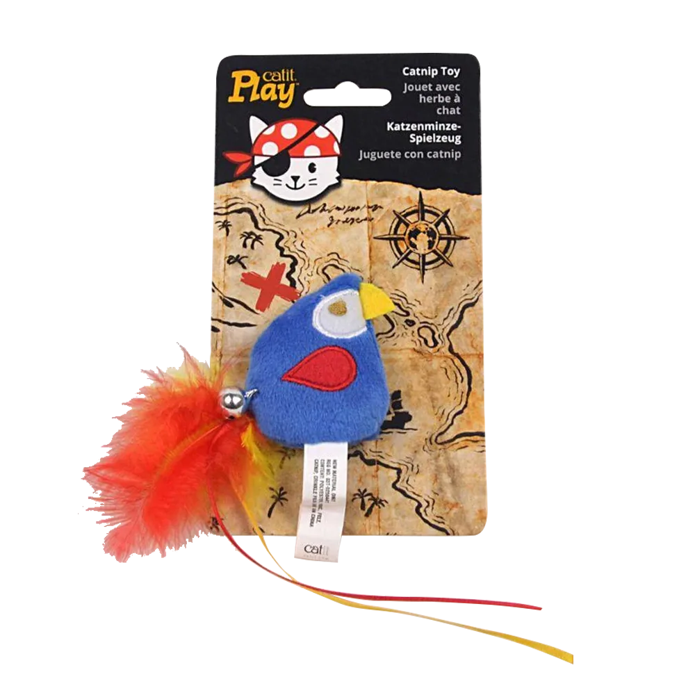 Imagen de Juguete Con Catnip Para Gatos de la marca Catit Play con forma de loro azul y pluma roja con un cascabel en la punta