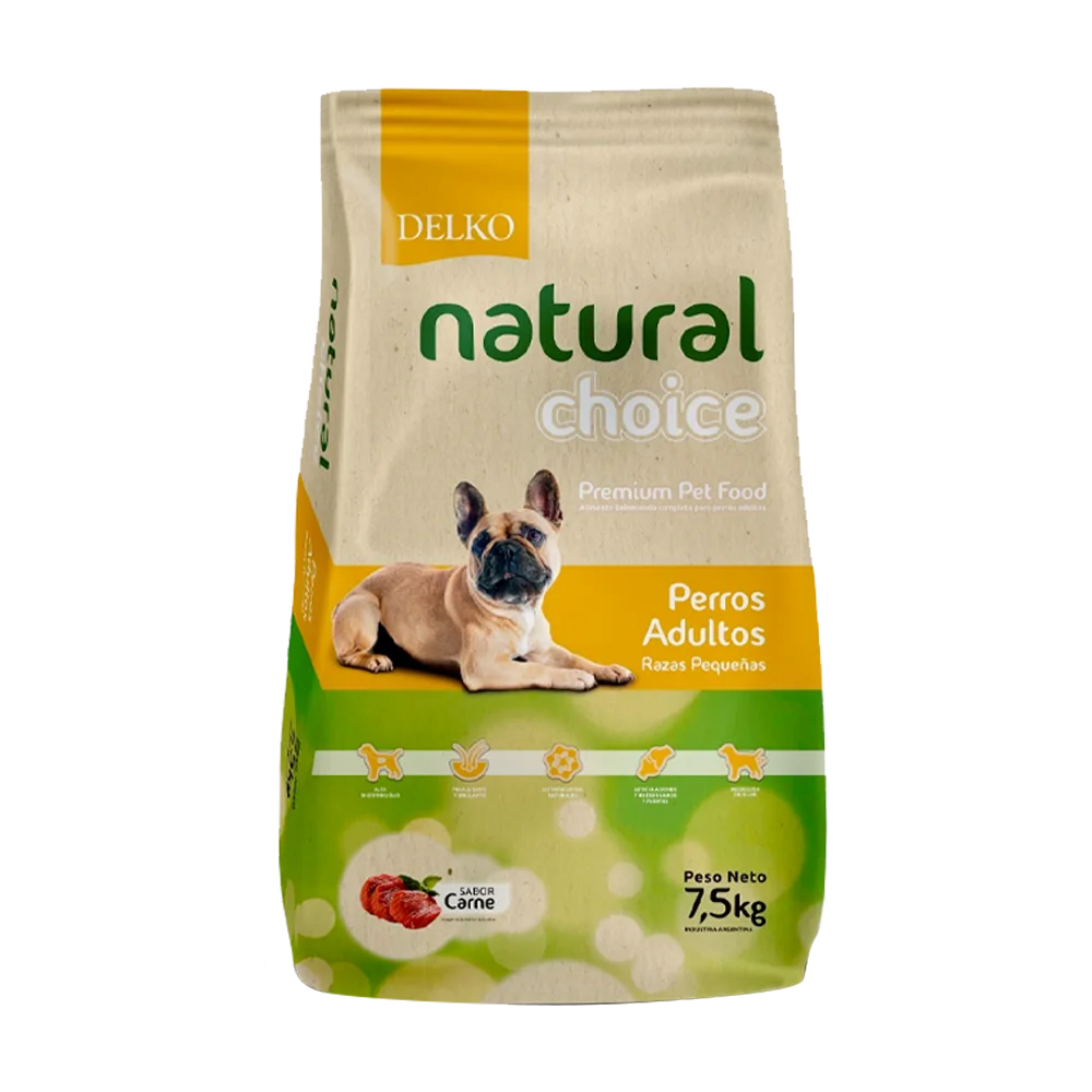 Bolsa de alimento Natural Choice Adulto Pequeño, alimento seco para perros mayores a 12 meses. La bolsa es color marrón claro con detalles verdes y naranjas y tiene un perro en el frente color marrón claro