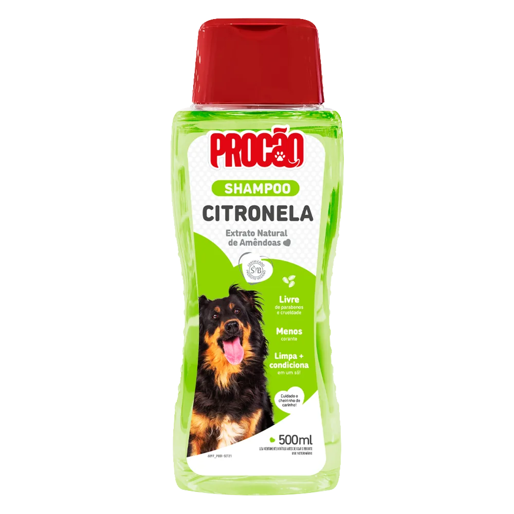 Envase de Shampoo Citronela Procao color verde con la imagen de un perro pequeño color blanco con marrón en la etiqueta en su presentación de 500 mL 