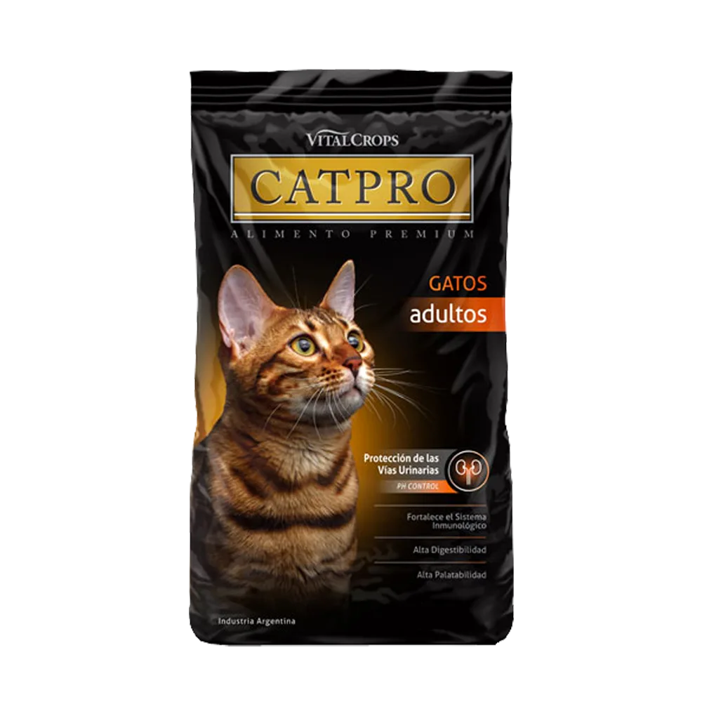 Bolsa negra con detalles dorados y un gato anaranjado en la portada de CatPro Adulto, un alimento premium para gatos desde los 12 meses de vida