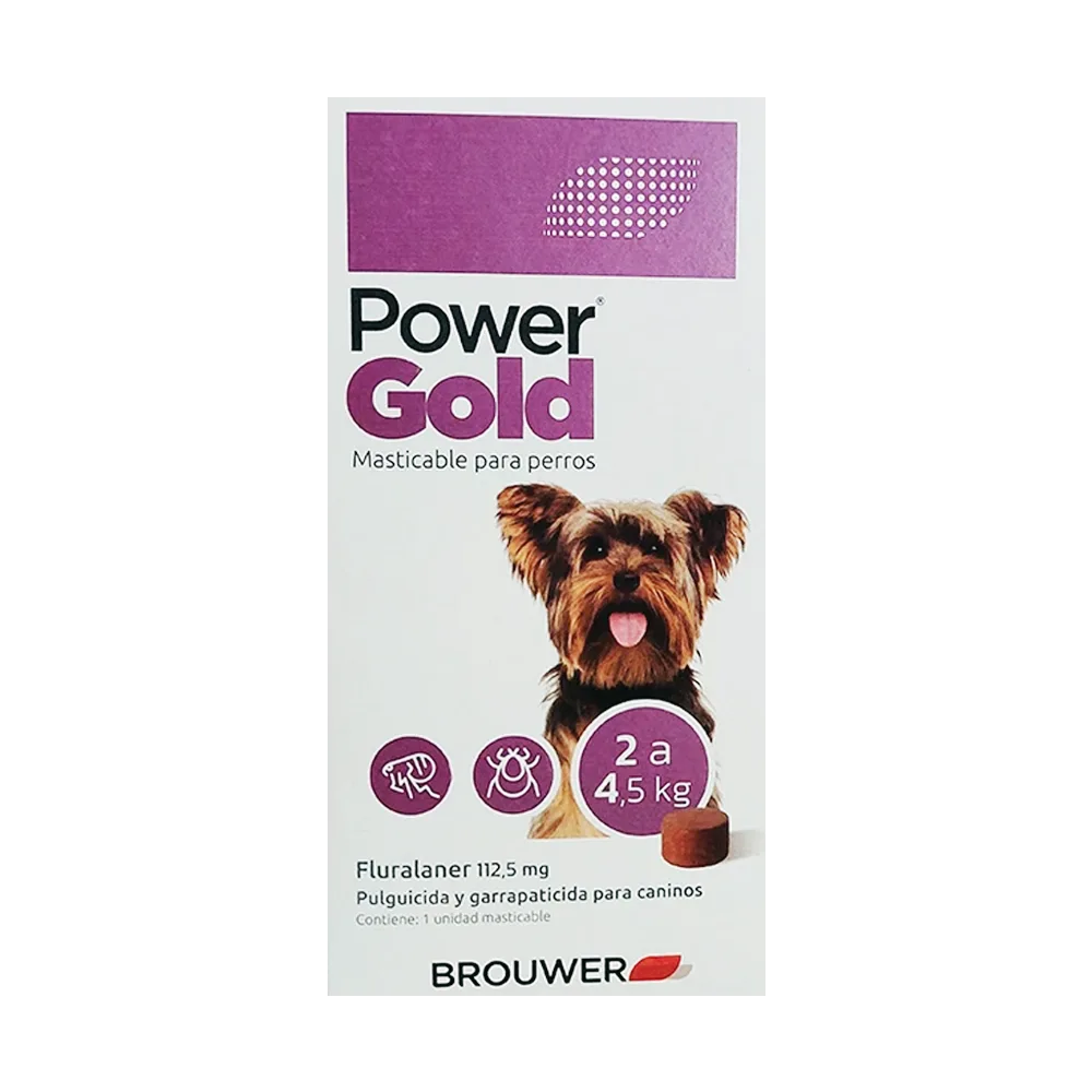Caja color blanco con detalles violetas y un perro yorkshire en la portada, es el antiparasitario Power Gold para perros de 2 a 4,5 kg