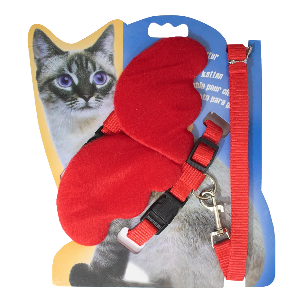 Empaque azul con detalles amarillos y un gato siamés portando el Arnés con Alas Para Gatos Medianos color rojo