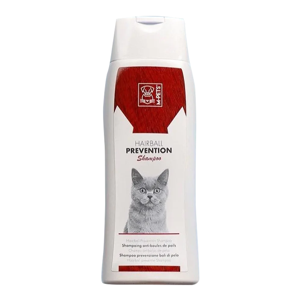 Frasco blanco con detalles rojo oscuro de Shampoo Preventivo de Bolas de Pelo de la marca M-Pets para gatos.