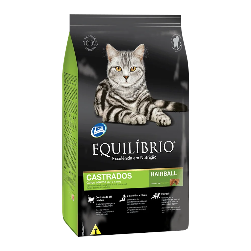 Bolsa negra con detalles verdes y un gato gris atigrado recostado en la portada, es el alimento Equilibrio Gatos Castrados, para gatos de 1 a 7 años