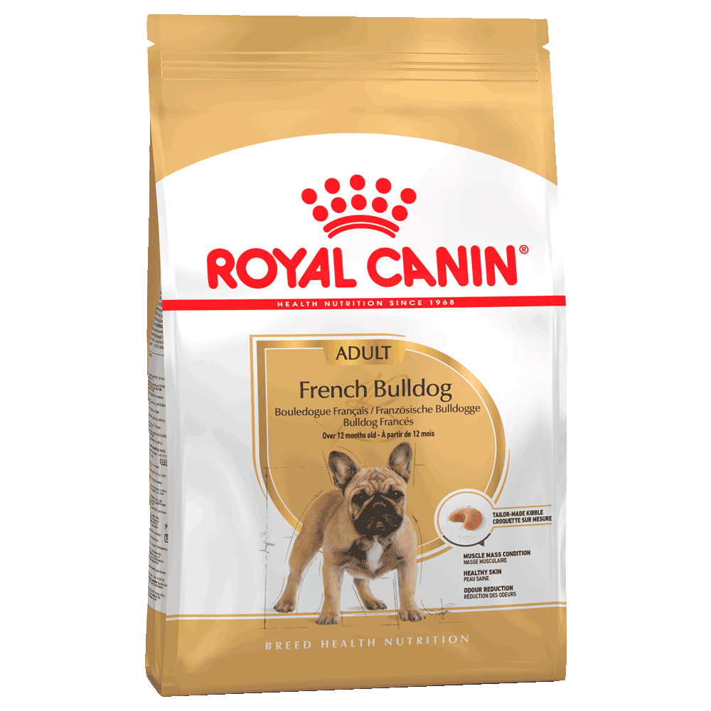 Bolsa blanca y dorada de alimento Royal Canin French Bulldog Adult para perros bulldog francés adultos