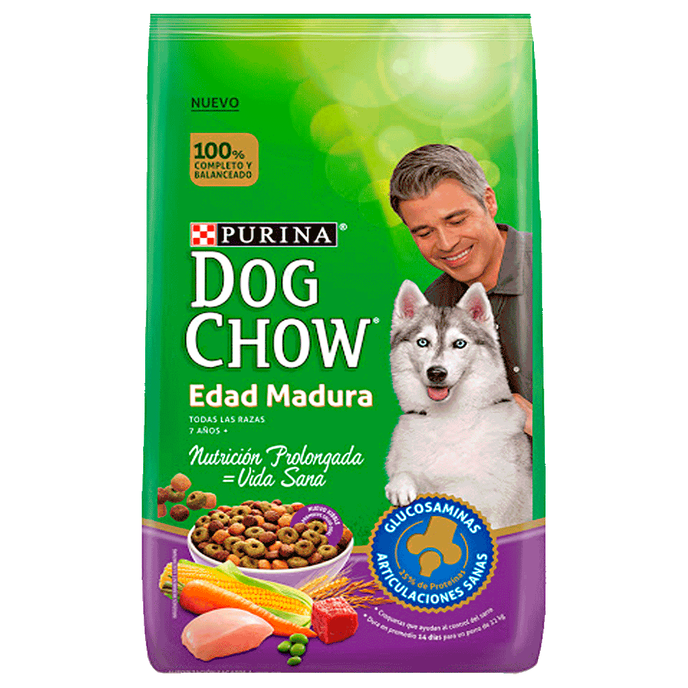 Bolsa verde con detalles violetas de Dog Chow Longevidad Adultos mayores a 7 años