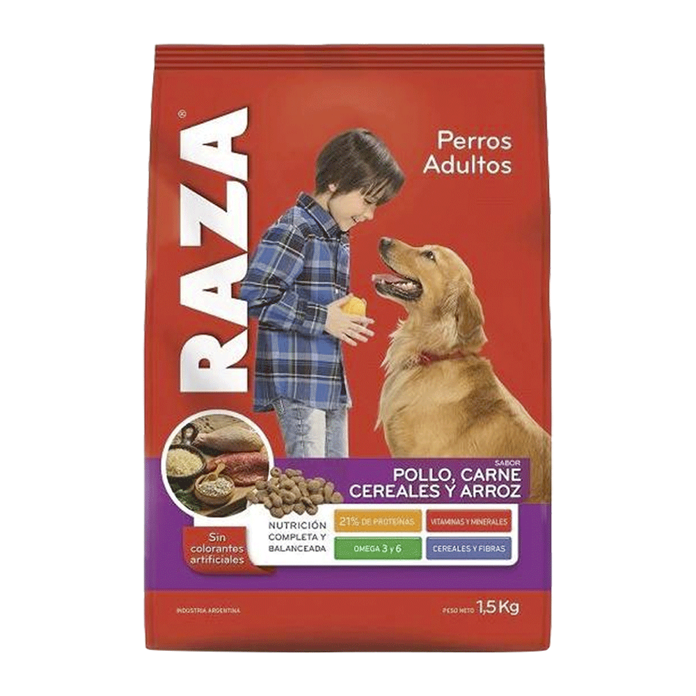 Bolsa roja con detalles morados de alimento para perros Raza perro adulto pollo, carne, cereales y arroz