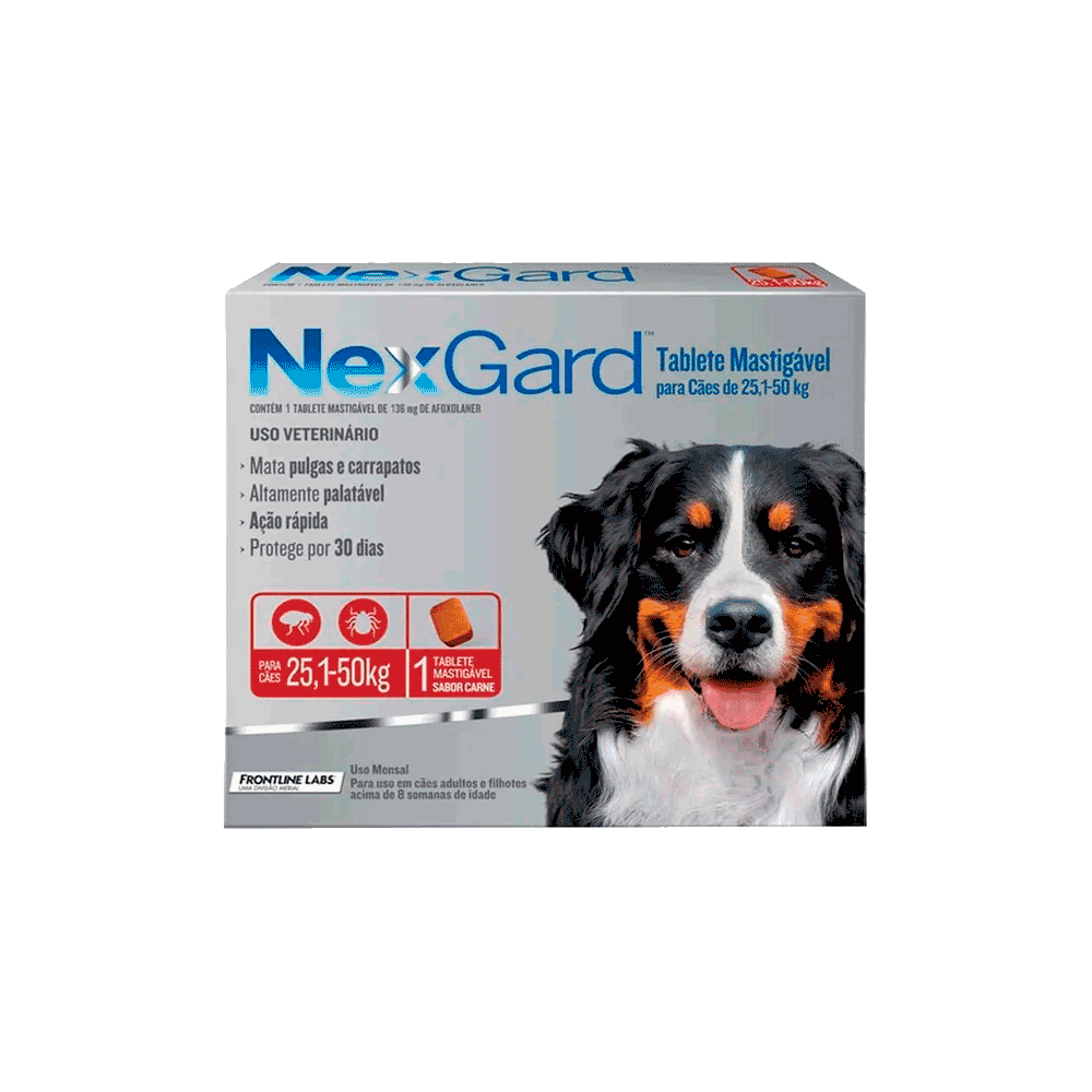 Caja pequeña gris plomo con letras azules de Nexgard Perros de 25 a 50 kg para combatir los parásitos externos de 1 tableta