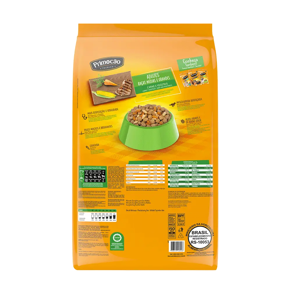 Bolsa de alimento balanceado Primocao Adulto Razas Medianas y Grandes sabor carne y vegetales. Tiene la imagen de un plato verde lleno de alimento Primocao además de la información nutricional del alimento.