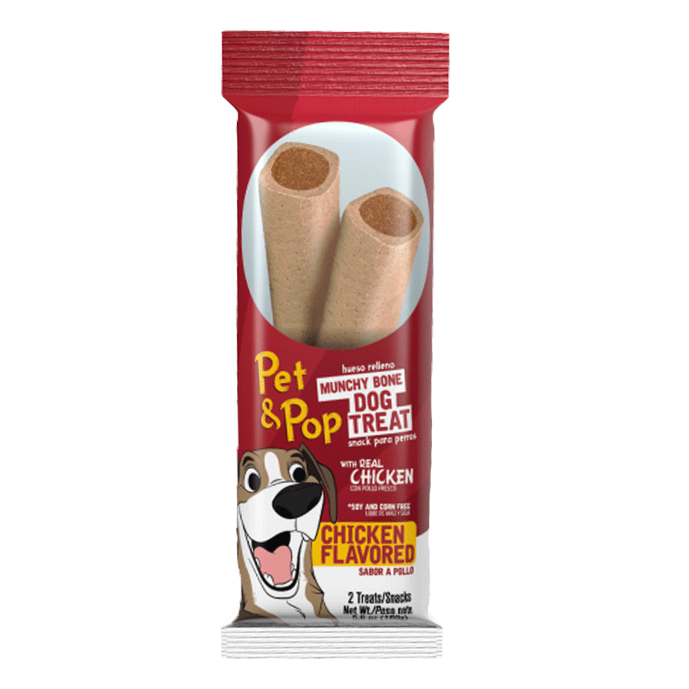 Empaque rojo de Fun Pet & Pop Munchy Bone Sabor Pollo barra masticable para la salud dental de perros