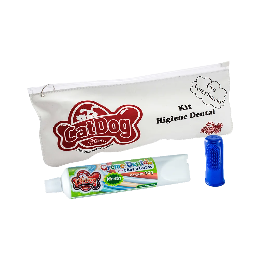 Pack Pasta Dental y Cepillo de Dedo de marca CatDog, es un estuche blanco que con letras negras "Kit Higiene Dental, Usu veterinario" atrás de un tubo de pasta dental blanco con etiqueta verde ya que es sabor menta y al frente tiene un cepillo de dientes de dedo de goma color azul 