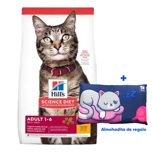 Bolsa blanca de alimento Hill's Feline Adult Chicken Recipe, es un alimento para gatos adultos de 1 a 6 años con sabor a pollo, la bolsa es blanca con detalles rojos y un gato en medio tabby atigrado con detalles grises y marrones y un collar rojo