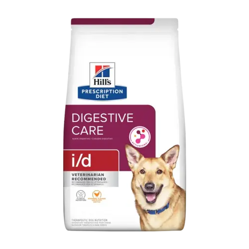 Bolsa blanca de alimento Hill's PD i/d Digestive Care para perros de talla mediana y grande con problemas digestivos, la bolsa de fondo blanco tiene colores borgoña oscuro y rojo, y una franja borgoña en la parte superior, tiene un perro de raza grande color beige en la esquina derecha inferior