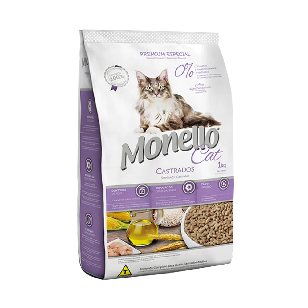 Bolsa de alimento balanceado Monello para gatos Castrados en su presentación de 15 kilos. Es de color blanco con detalles violetas y marrones y contiene la fotografía de un gato encima del logo de Monello.
