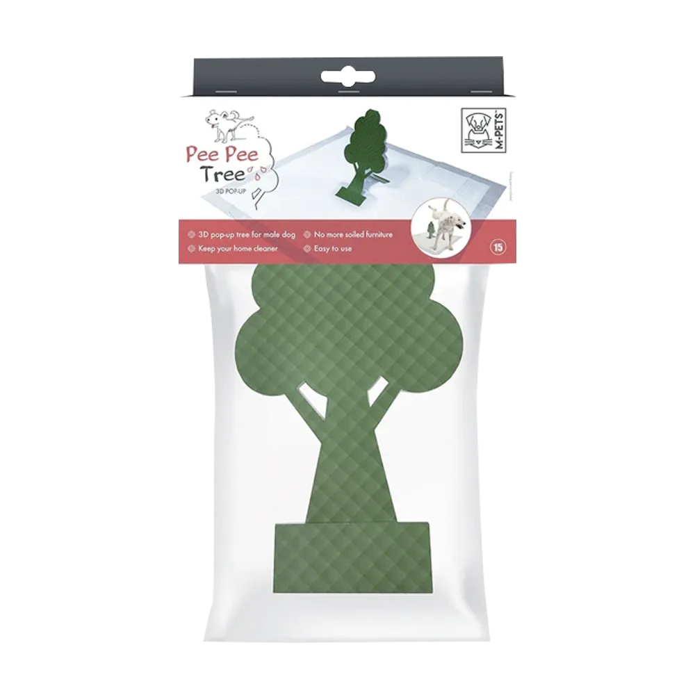 Empaque original del producto Árbol de Entrenamiento de la marca M-Pets. Es un empaque transparente con un cartón de color blanco y dos franajas a los extremos color gris y rosado. El árbol se puede ver tras el empaque y es un arbolito de color verde.