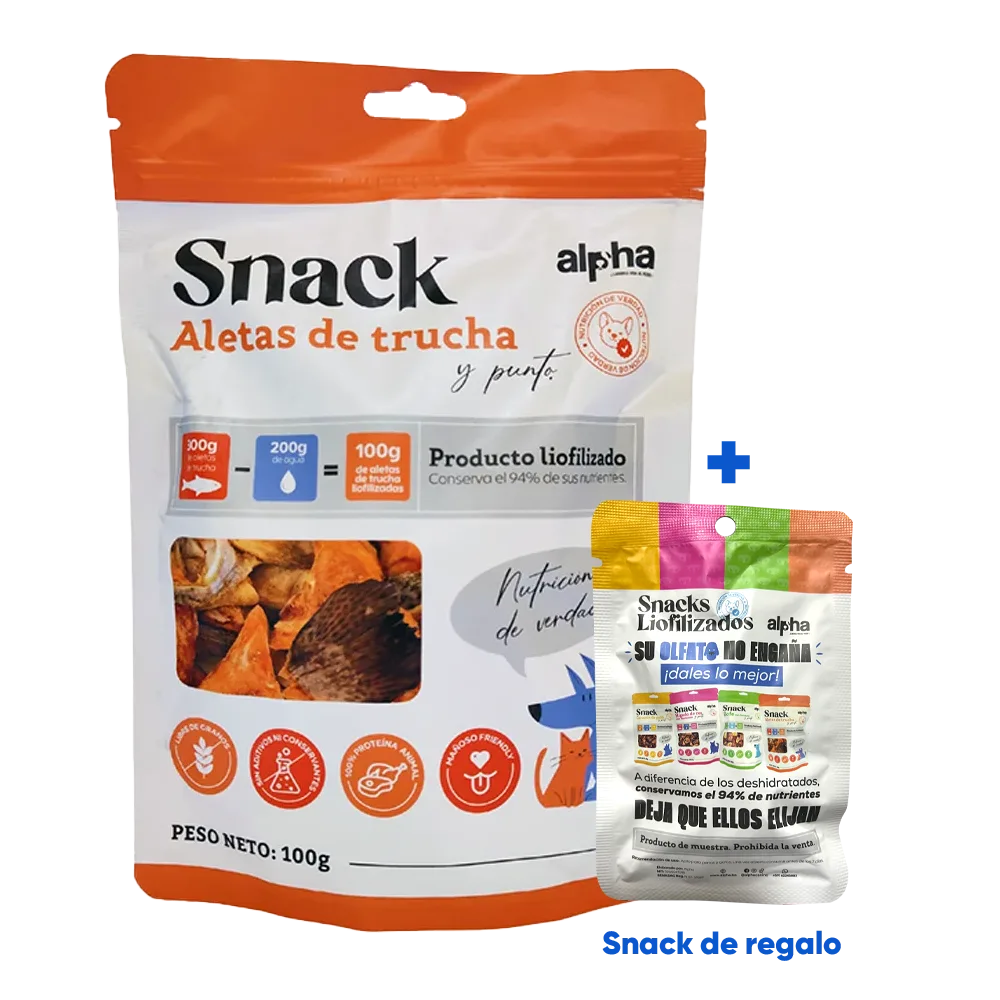 Empaque blanco con letras negras y detalles narnajas de Sanck Liofilizado Aletas de Trucha para perros y gatos de todas las edades en su presentación de 100 g.