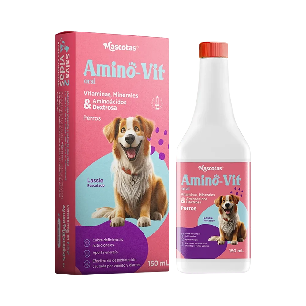Caja rosada con la imagen de un perro generado por IA en la portada y un frasco de jarabe Amino-Vit blanco con tapa roja a su lado con una etiqueta con el mismo diseño de la caja.