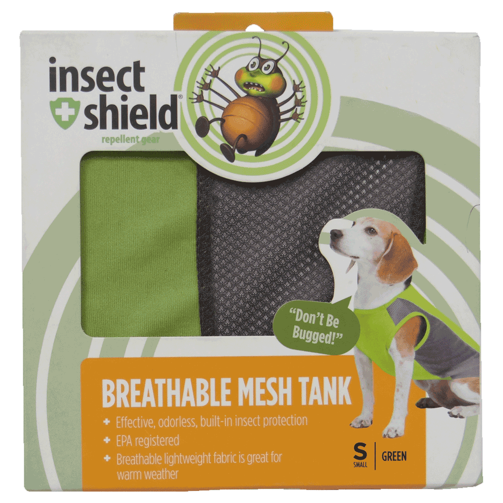Caja de Camiseta Repelente Para Perros Verde Insect Shield en su empaque original talla pequeña