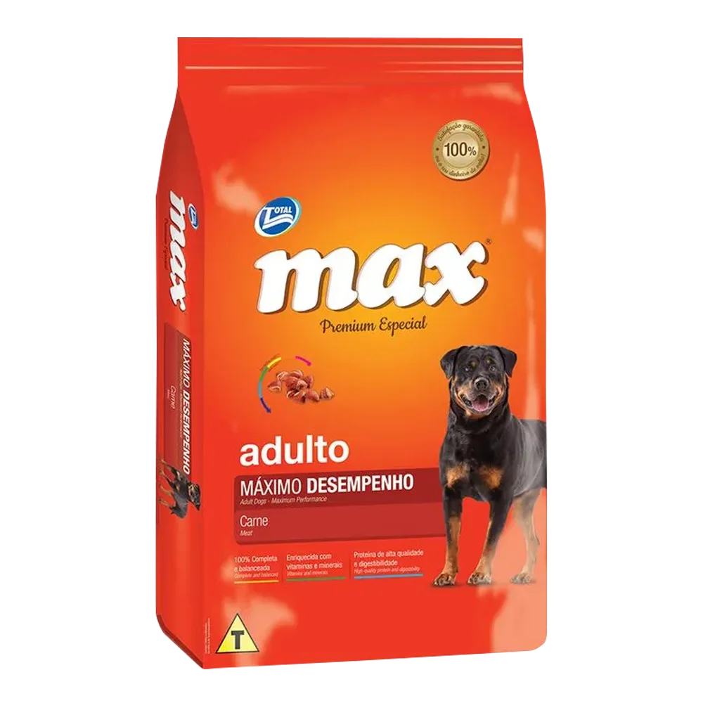 Bolsa naranja con un perro negro en la portada, es el alimento Max perro adulto carne