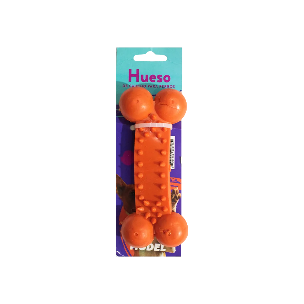 Imagen de Hueso de Caucho para perros color naranja en su empaque original con detalles celestes y morados