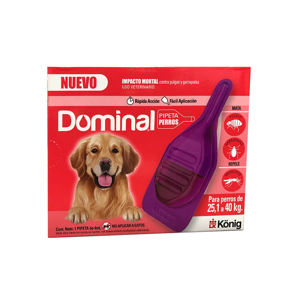 Caja roja de Dominal Spot On Perros de pipeta antiparasitaria externa para peros de 25 a 40 kilos