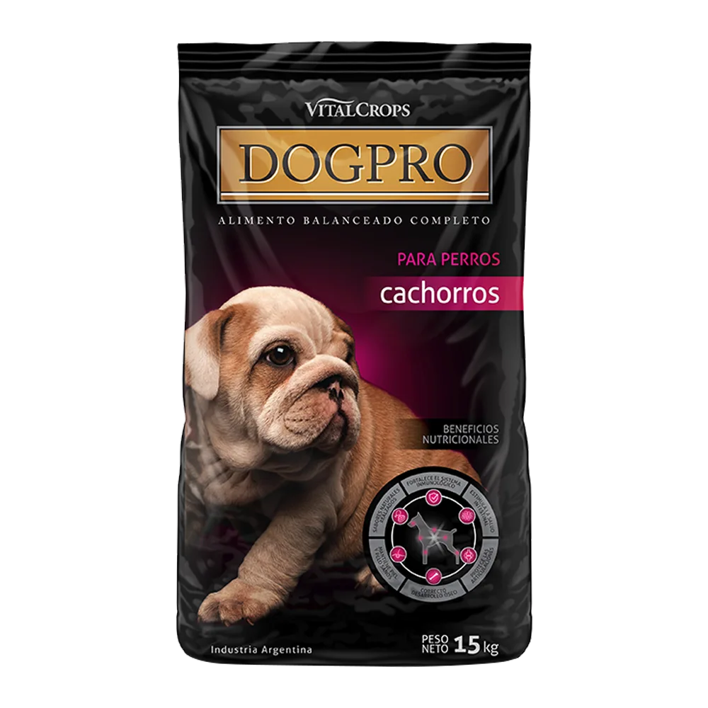 Bolsa negra de 15 kg con detalles magenta y un cachorrito en el frente de DogPro Cachorros alimento para perros hasta los 12 meses de edad y acompañada de un frisbee de regalo