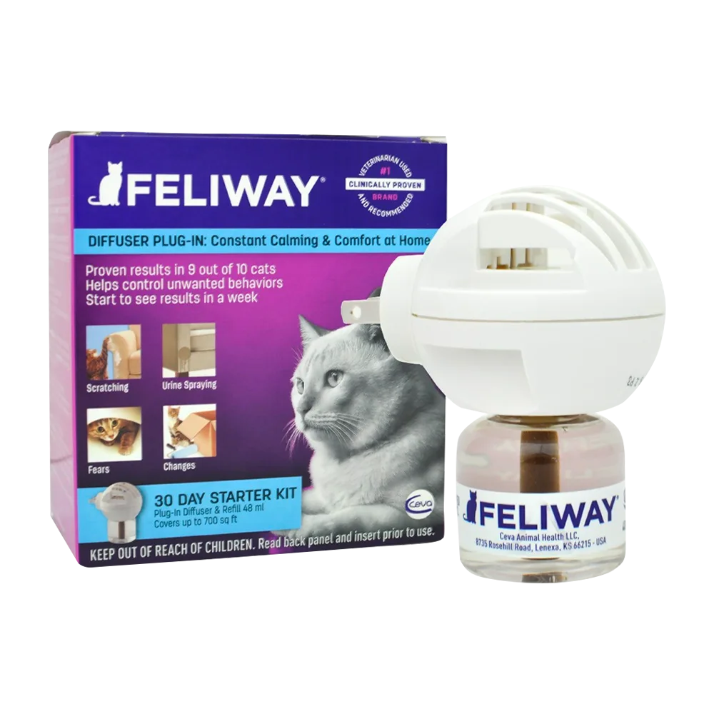 Caja color morada con detalles celestes de Feliway Classic Kit, contiene un difusor para conectar a la corriente y un recambio de producto. Son feromonas para ayudar con comportamientos indeseados o estrés en tu gato
