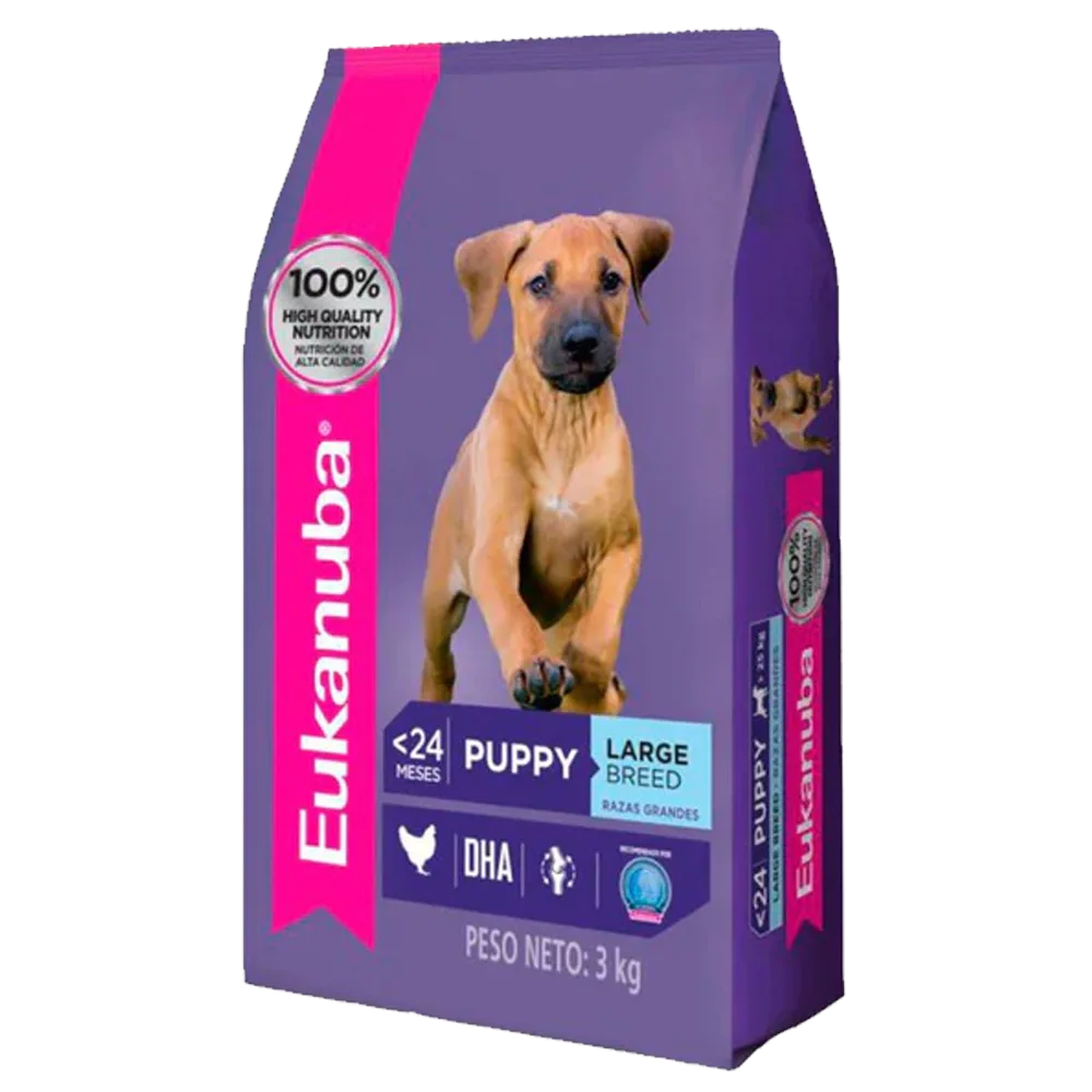 Bolsa violeta con detalles rosados de alimento Eukanuba Perro Cachorro Raza Grande