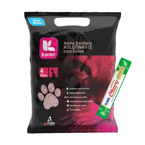 Bolsa negra con detalles rosados y la silueta de un gato en la parte derecha inferior en el mismo color, es la Arena Sanitaria Karen para gatos en aroma Brisa Marina